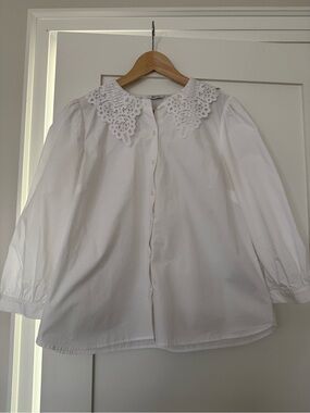 Reitmans White Eyelet Lace Collar Button-Down Shirt Size L Whimsical Romantic